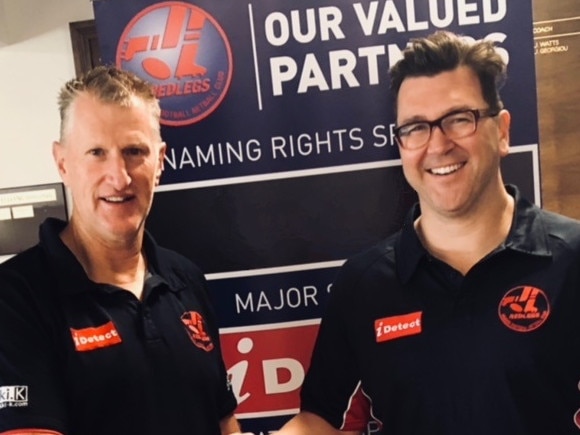 Mt Eliza president Mick Dunne (left) welcomes new coach Nick Claringbold.