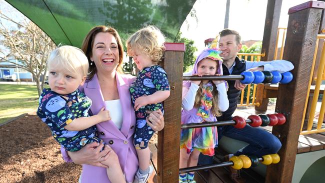 Aged Care Minister Anika Wells, with her children Celeste, 5, husband Finn, and twins Ossian and Dashiell. Picture: Lyndon Mechielsen/The Australian