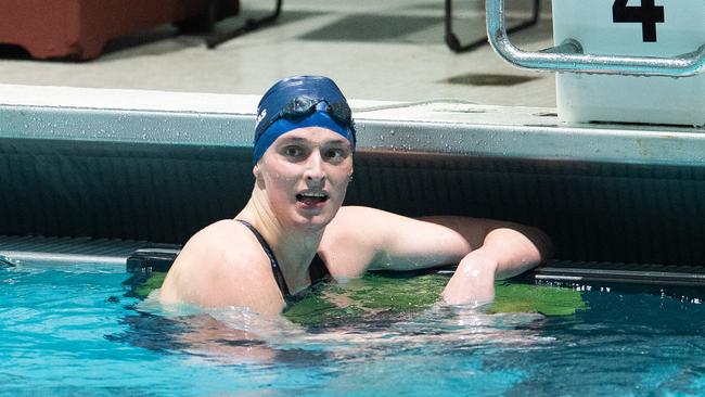 University of Pennsylvania swimmer Lia Thomas looks on after swimming the 500 freestyle during the 2022 Ivy League Womens Swimming and Diving Championships in Cambridge, Massachusetts. Picture: Getty Images