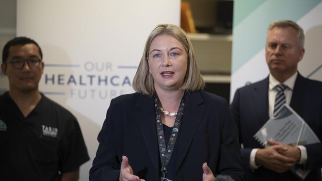 RHH Emergency Specialist Dr Viet Tram, State Health Commander Katherine Morgan- Wicks and Premier Jeremy Rockliff during the release the Long Term Plan for Healthcare in Tasmania at the COVID@home plus call centre. Picture: Chris Kidd