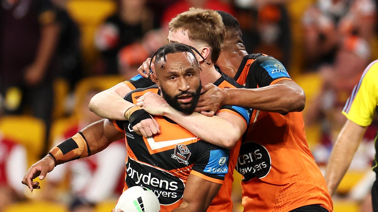 Discipline is really starting to hurt the Wests Tigers, with Justin Olam and Brent Naden both facing bans. Picture: Hannah Peters/Getty Images