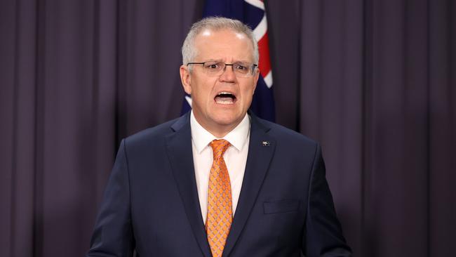 Prime Minister Scott Morrison during a late press conference at Parliament House in Canberra. Picture: NCA NewsWire/Gary Ramage