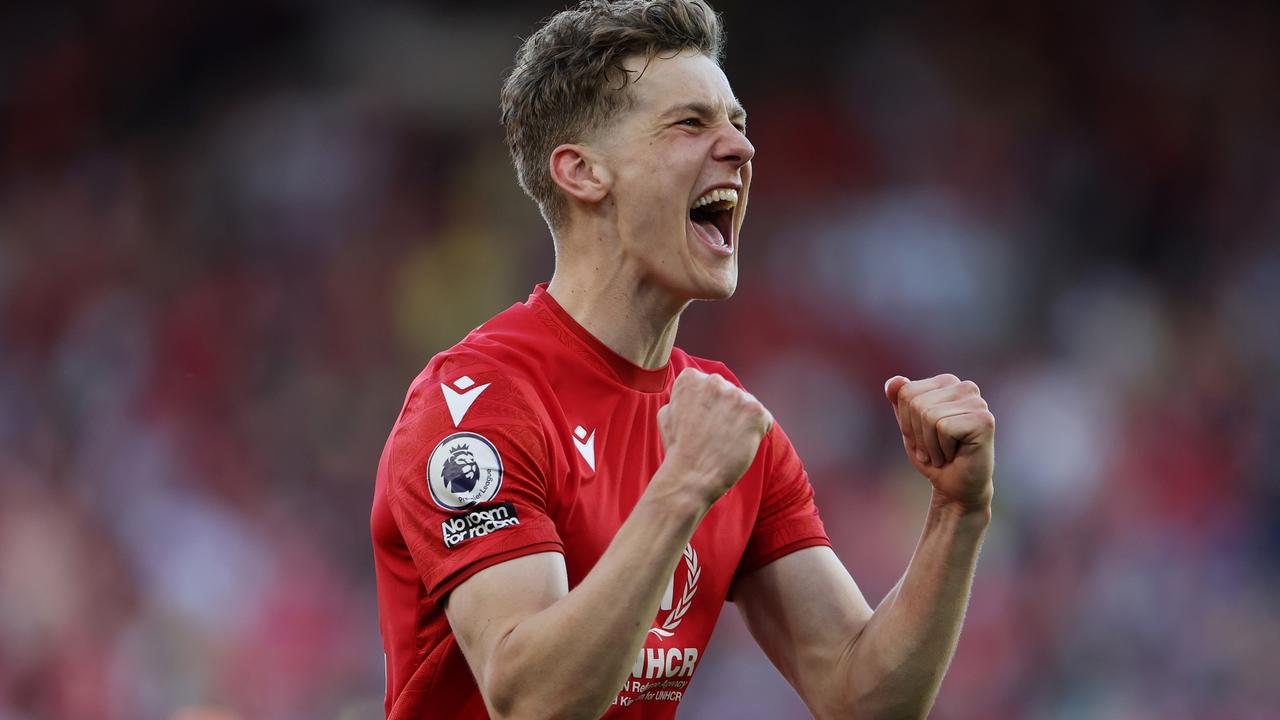 Ryan Yates of Nottingham Forest celebrates safety. Photo by Catherine Ivill/Getty Images.