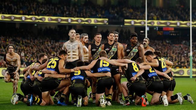 Richmond’s spectacular pre-game War Cry featuring numerous Tigers players. Picture: Getty Images