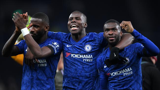 Chelsea’s Antonio Rudiger, left, Kurt Zouma and Fikayo Tomori celebrate during their 2-0 win over Tottenham. Picture: Getty Images
