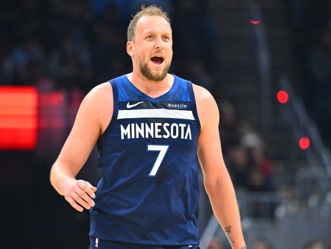 Joe Ingles #7 of the Minnesota Timberwolves reacts during the second quarter against the Cleveland Cavaliers at Rocket Mortgage Fieldhouse on February 10, 2025 in Cleveland, Ohio. NOTE TO USER: User expressly acknowledges and agrees that, by downloading and or using this photograph, User is consenting to the terms and conditions of the Getty Images License Agreement. (Photo by Jason Miller/Getty Images)