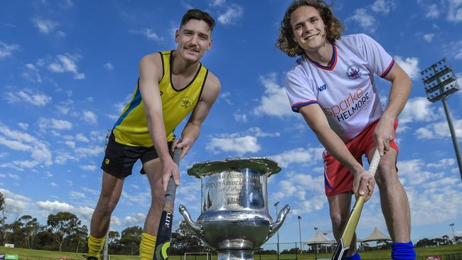 Seacliff’s Connor Spouse (left) with Adelaide star Angus Fry before last season’s grand final. Picture: Roy VanDerVegt