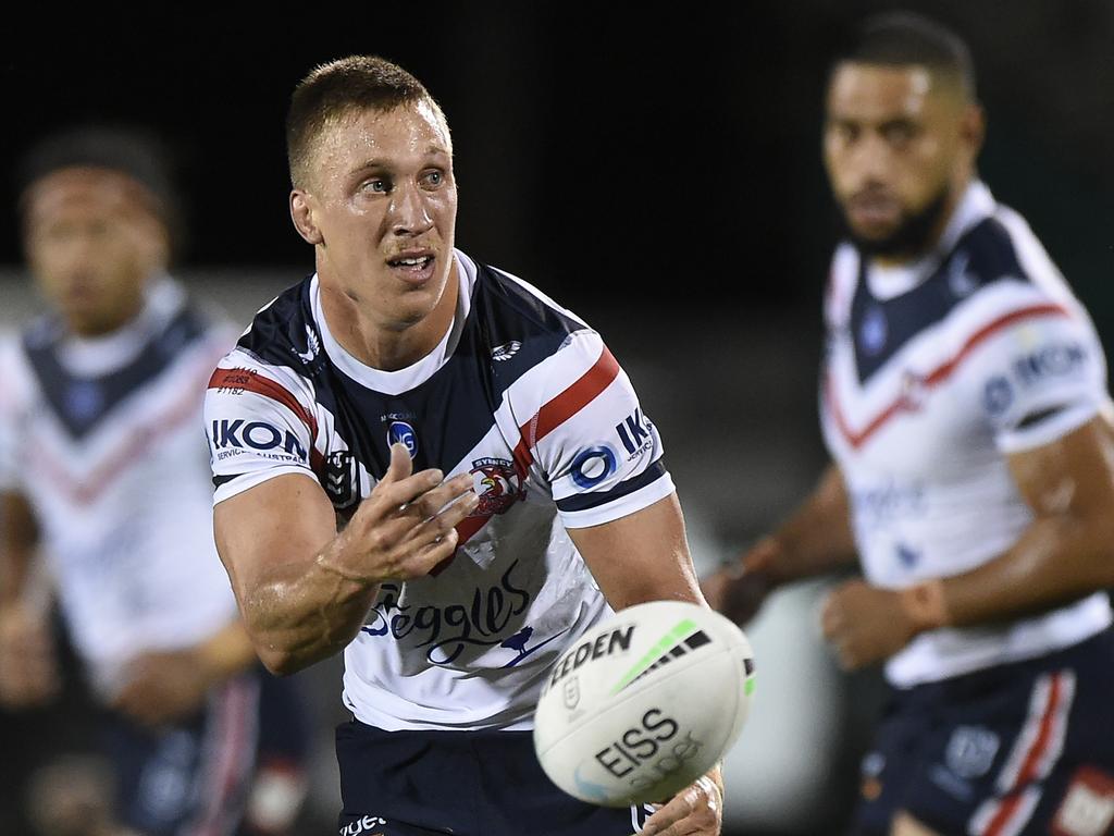 Ben Marschke of the Roosters offloads the ball during the NRL Semi-Final match between the Manly Sea Eagles and the Sydney Roosters at BB Print Stadium on September 17, 2021 in Mackay, Australia. Picture: Matt Roberts