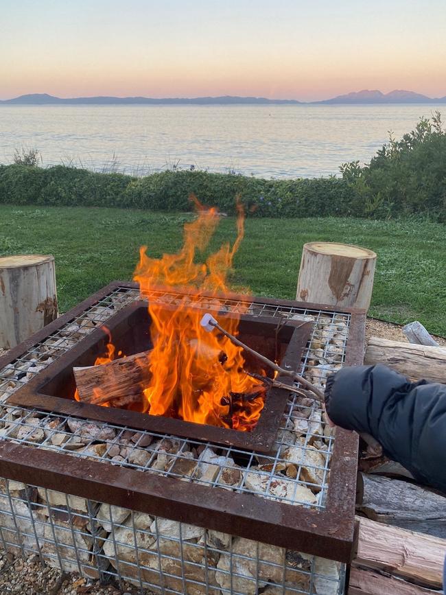 A fire pit with a view at Swansea Beach Chalets. Picture: Supplied