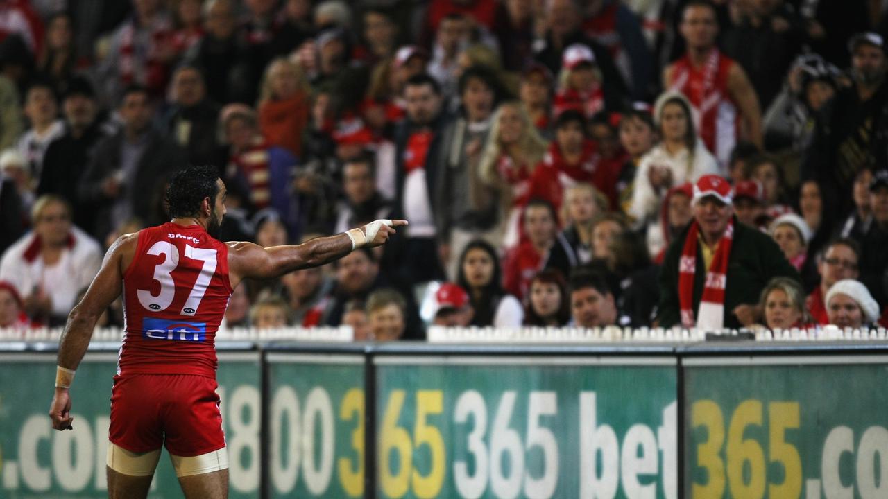 Goodes points into the crowd alerting security to comments made by a teenage spectator during the 2013 clash with Collingwood. Picture: AFL Media