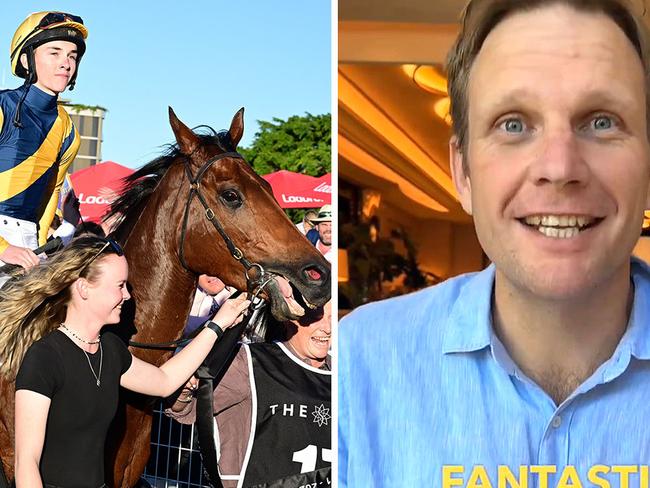 Jockey Zac Lloyd comes back to scale aboard Stradbroke victor Stefi Magnetica (left) as Bjorn Baker (right), who watched the race from London, shares a social media message describing the winning feeling as 