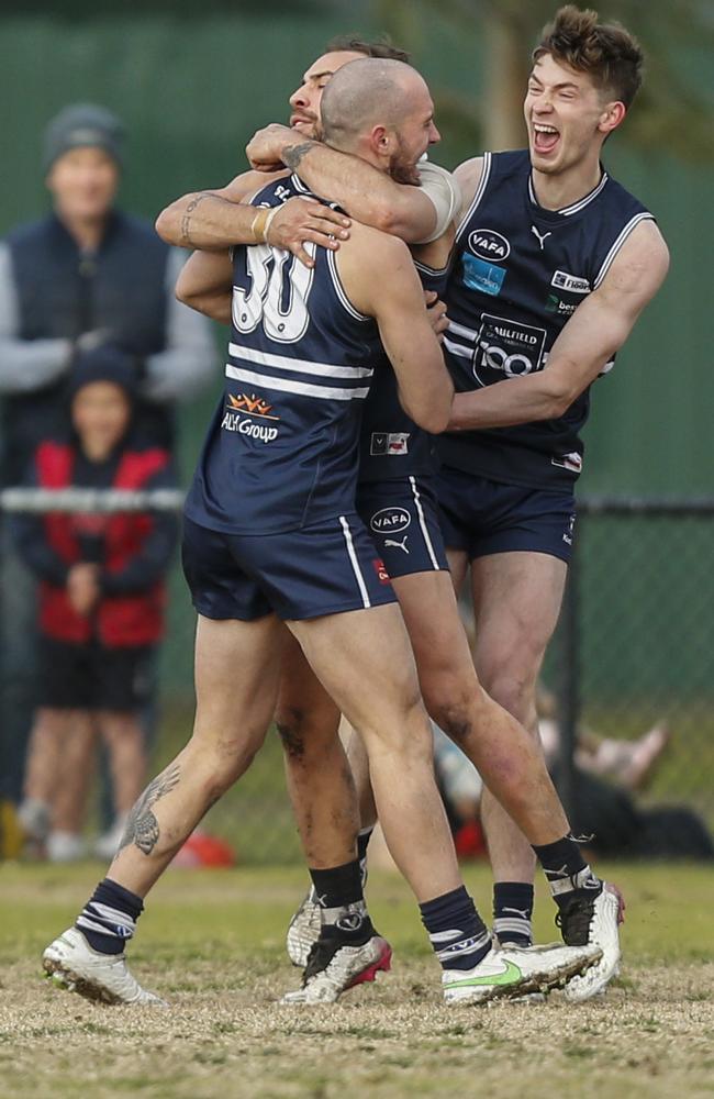 Caulfield Grammarians celebrate a Sam Dorevitch goal. Picture: Valeriu Campan