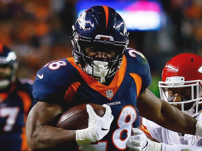 DENVER, CO - OCTOBER 1: Running back Royce Freeman #28 of the Denver Broncos rushes for a second-quarter touchdown against the Kansas City Chiefs at Broncos Stadium at Mile High on October 1, 2018 in Denver, Colorado.   Justin Edmonds/Getty Images/AFP == FOR NEWSPAPERS, INTERNET, TELCOS & TELEVISION USE ONLY ==