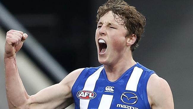 Nick Larkey celebrates kicking a goal against St Kilda. Picture: Getty Images