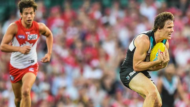 Jared Polec marks for the Power against the Swans on Sunday. Picture: AAP Image/Brendan Esposito