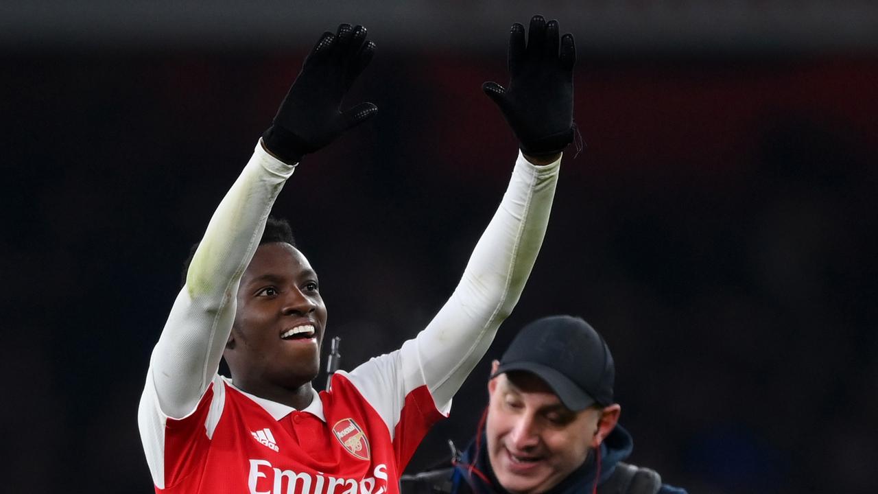 Eddie Nketiah of Arsenal celebrates after the team’s victory. (Photo by Shaun Botterill/Getty Images)