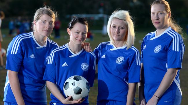 11.9.2014. Ashleigh Thomas, Chelsea Griese, Elle Perry, Kelly Thomas. Modbury Vista Soccer Club is calling for an upgrade to it's council-owned facility which include upgrades for both female and male members. Photo Sam Wundke.