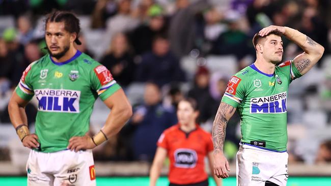 Dejected Raiders Corey Harawira-Naera and Curtis Scott after the game. Picture: Mark Kolbe/Getty