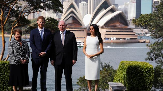 Lady Lynne Cosgrove, Prince Harry, Duke of Sussex, Australia’s Governor-General Peter Cosgrove and Meghan, Duchess of Sussex, pose during a Welcome Event at Admiralty House. Picture: Getty