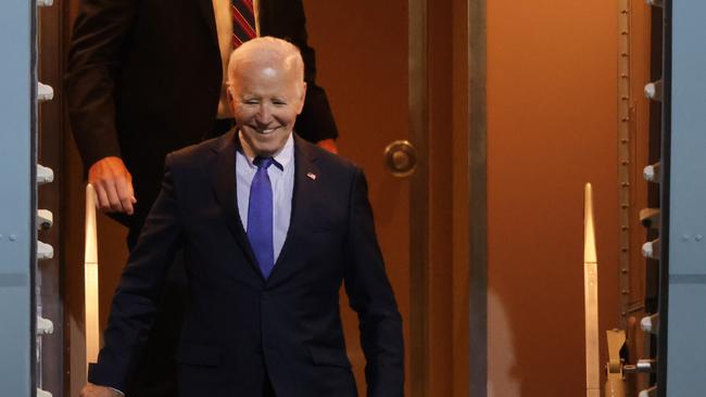 Joe Biden steps off Air Force One as he arrives at Berlin-Brandenburg International Airport on Thursday night. Picture: Getty Images