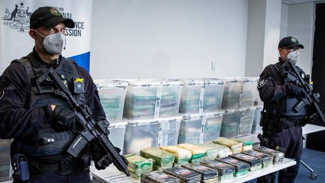 Armed police guard the cocaine at AFP’s Adelaide headquarters. Picture: Tom Huntley