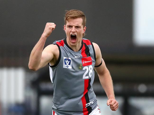 MELBOURNE, AUSTRALIA - JUNE 05: Brodie McLaughlin of Frankston celebrates kicking a goal during the round 11 VFL match between Coburg and Frankston at Piranha Park on June 05, 2022 in Melbourne, Australia. (Photo by Kelly Defina/AFL Photos/via Getty Images)