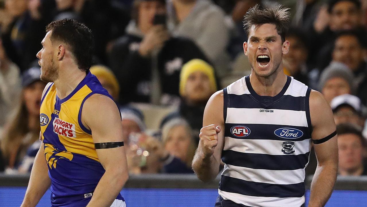 Tom Hawkins booted four goals against the Eagles but could miss next Friday’s preliminary final against Richmond. Picture: Michael Klein