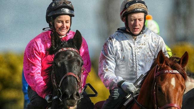 If I can do it, you can do it: Melbourne Cup-winning jockey Michelle Payne with cystic fibrosis sufferer Harry Coffey, who hopes to emulate the deeds of Payne in this year’s edition of our most famous race. Picture: Colleen Petch