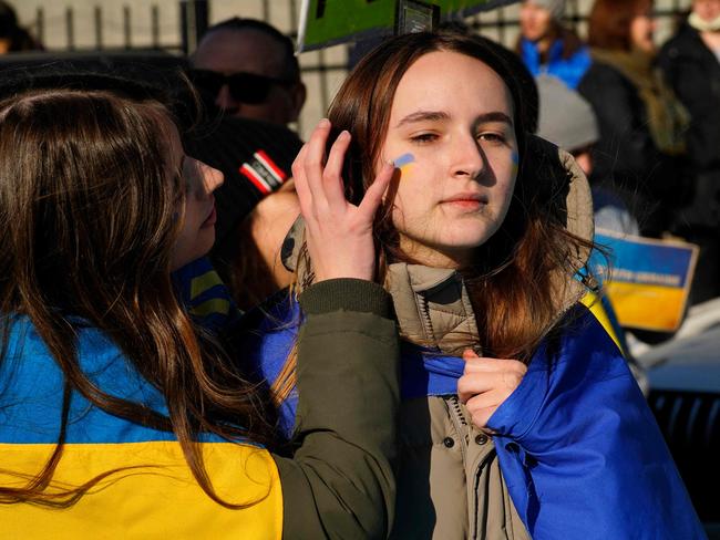 Demonstrators gather for a protest against the Russian invasion of Ukraine in front of Saints Volodymyr and Olha Ukrainian Church in Chicago, Illinois, on February 27, 2022. Picture: Cheney Orr/AFP