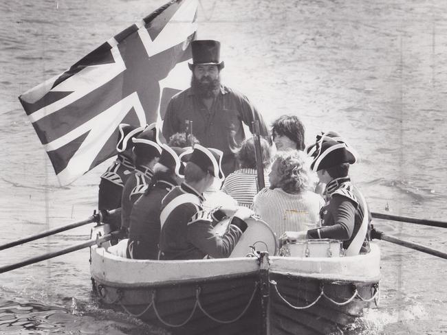 A re-enactment of the First Fleet landing at Sydney Cove from 1983. Picture: Peter Kurnik