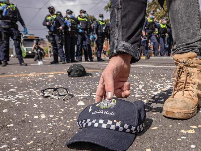 World Wide Rally For Freedom protest September 18, 2021. Protesters meet a huge police presence in Richmond, blocking off the CBD with a ring of steel. Picture: Jason Edwards