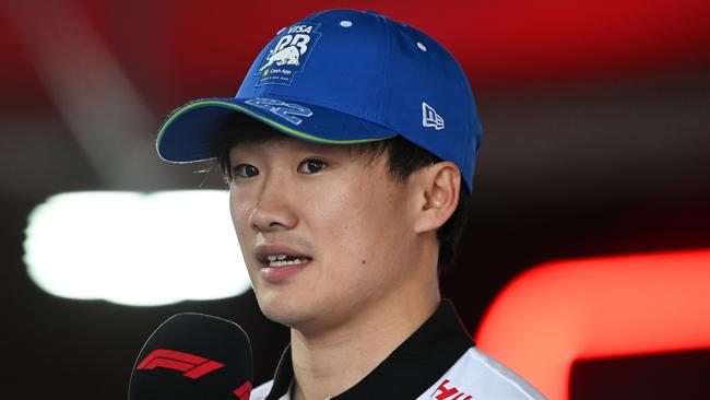 Yuki Tsunoda of Visa Cash App RB talks to the media in the Paddock. (Photo by Rudy Carezzevoli/Getty Images)