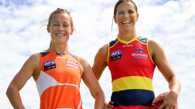 Giants captain Alicia Eva and Crows captain Chelsea Randall. Picture: Dean Martin