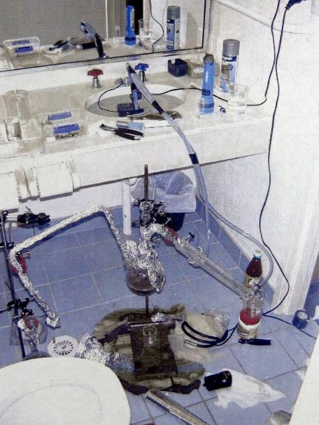 A police photograph of a methamphetamine laboratory set-up in suburban Adelaide.