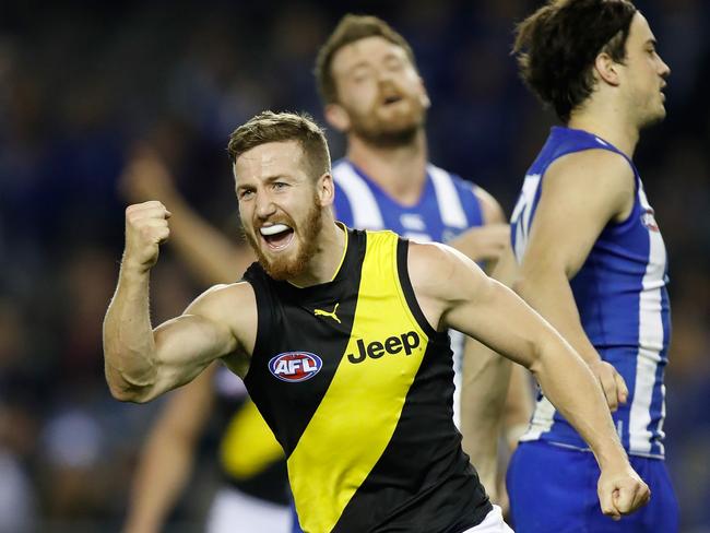 Kane Lambert celebrates during the round 11 match between North and Richmond