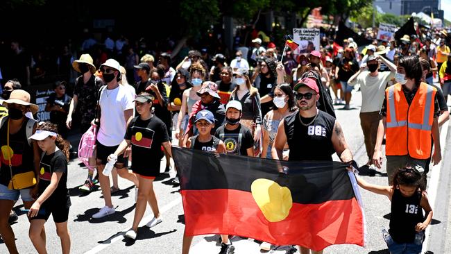 Protesters take part in an Invasion Day march. Picture: NCA NewsWire / Dan Peled