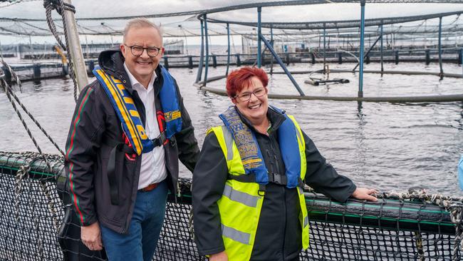 Prime Minister Anthony Albanese and Tasmanian senator Anne Urquhart visiting Tassal salmon pens in Macquarie Harbour, Tasmania. Picture: NewsWire