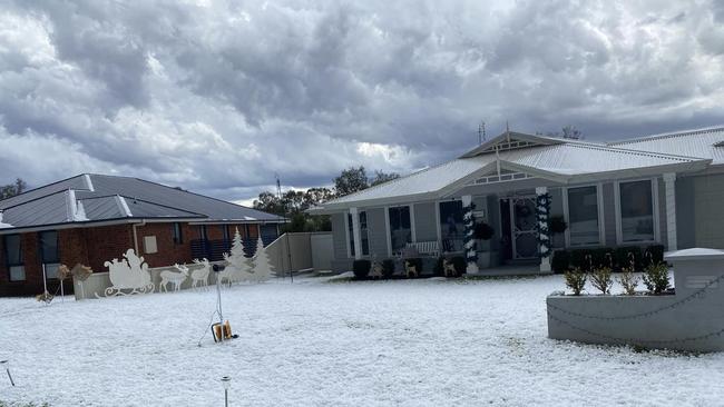 Locals were amazed at the amount of hail in the middle of Grenfell that saw people waking to a ‘white Christmas’. Picture: Facebook / Asher Woodrow