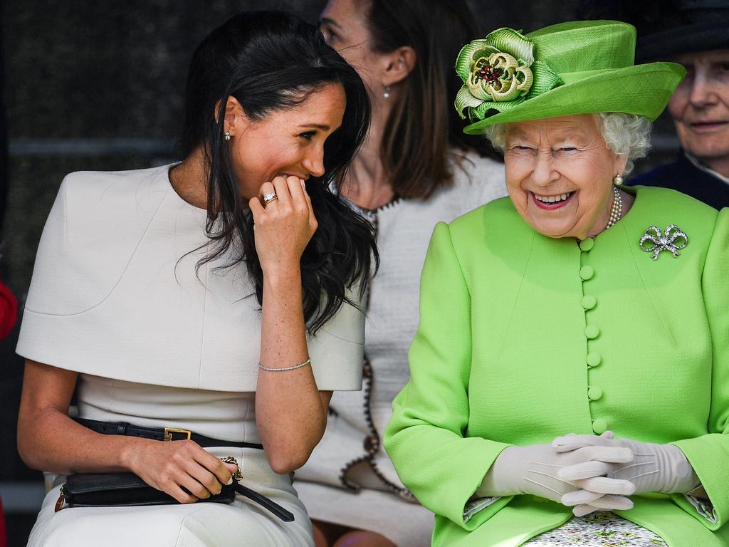 Meghan and the Queen sharing a joke in 2018. Picture: Jeff J Mitchell/Getty Images