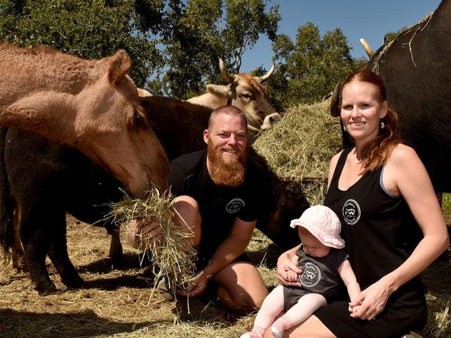 Dan and Marianne Robson with Scarlet, 6 months, with Latte the camel and other animals at Maridan's Menagerie at Oak Valley. Picture: Evan Morgan