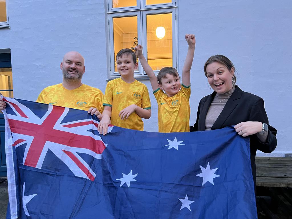 Church pastor Joel Bagnall, 38, from Brisbane, joined in the celebrations with his children Mattias, eight, Elliot, five, and his Danish-born wife, Helena. Picture: Danielle Gusmaroli