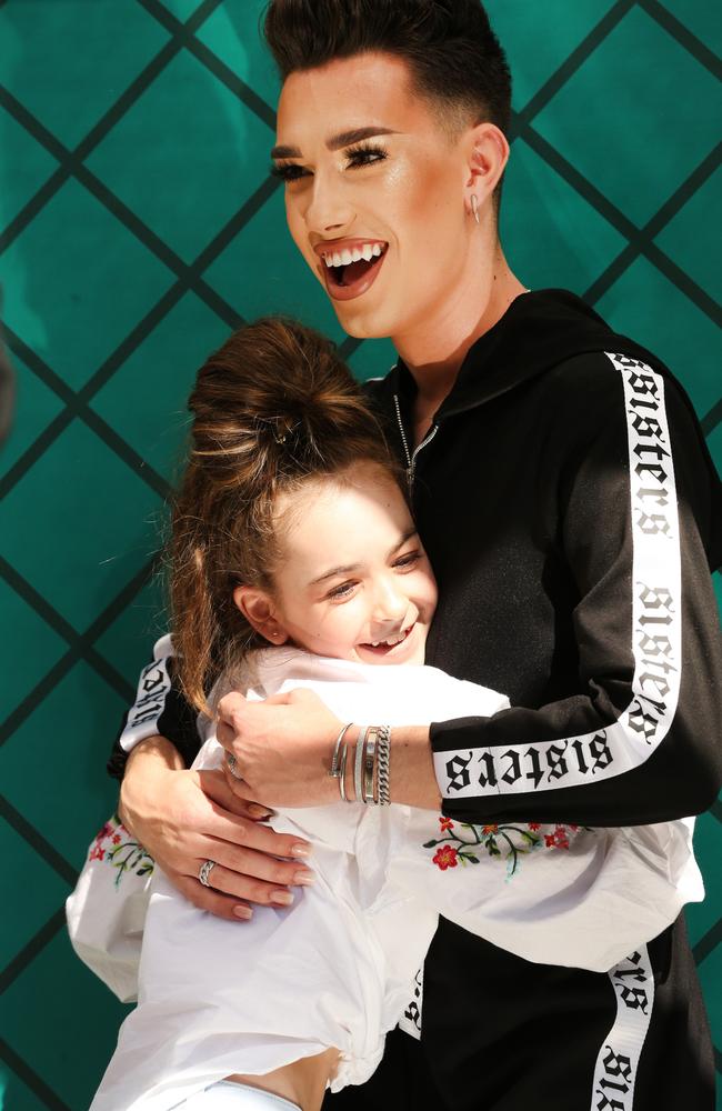 River Teixeira, 10, meets her hero James Charles during his appearance at Pacific Fair this morning. Picture: Mike Batterham