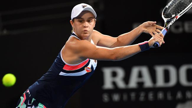 Ash Barty in action against Lesia Tsurenko at the Brisbane International.