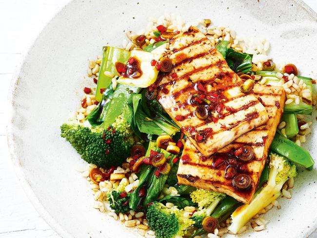 Grilled tofu with brown rice, Asian greens and chilli sesame dressing.