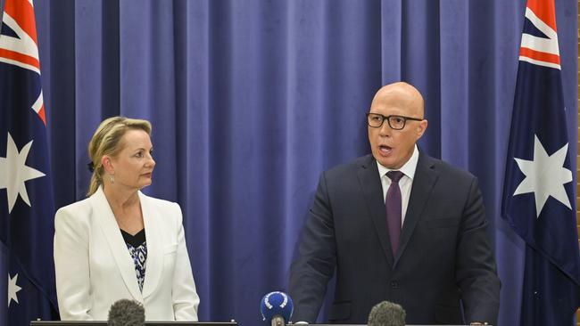 Leader of the Opposition Peter Dutton and Deputy leader Sussan Ley address the media in the opposition party room. Picture: NCA NewsWire / Martin Ollman