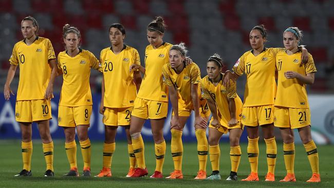 AMMAN, JORDAN - APRIL 17: Players of Australia look on during the AFC Women's Asian Cup semi final penalty shoot out between Australia and Thailand at the King Abdullah II Stadium on April 17, 2018 in Amman, Jordan.  (Photo by Francois Nel/Getty Images)