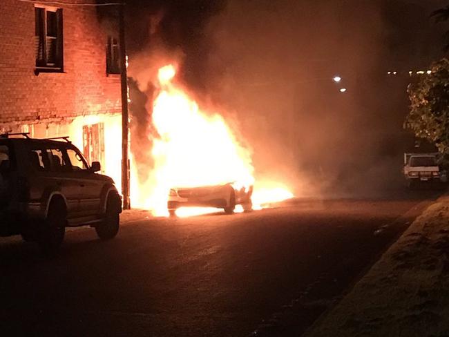 A car believed to be linked to the shooting was found alight on Minnie St, Belmore, early this morning. Picture: Channel 9