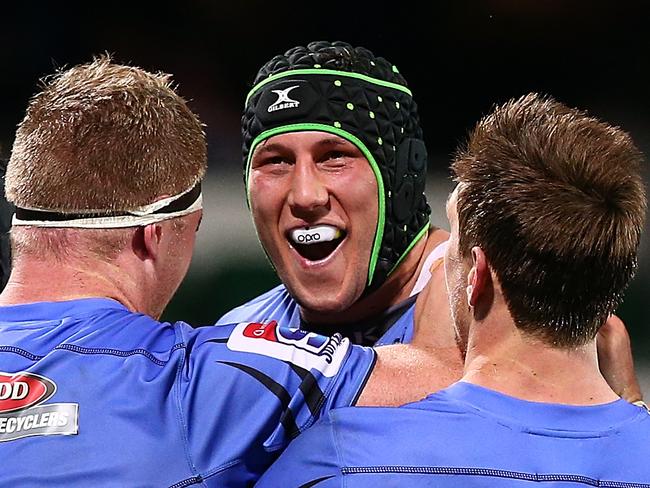 PERTH, AUSTRALIA - JULY 07: Adam Coleman of the Force celebrates after crossing for a try during the round 16 Super Rugby match between the Force and the Rebels at nib Stadium on July 7, 2017 in Perth, Australia. (Photo by Paul Kane/Getty Images)