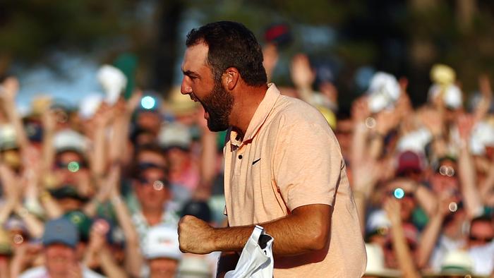 AUGUSTA, GEORGIA - APRIL 14: Scottie Scheffler of the United States celebrates on the 18th green after winning the 2024 Masters Tournament at Augusta National Golf Club on April 14, 2024 in Augusta, Georgia. (Photo by Maddie Meyer/Getty Images)