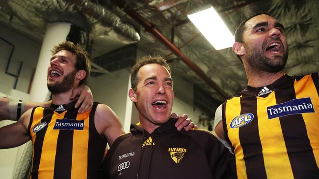 ‘Go and get the guitar’ ... Alastair Clarkson sings the song after a win this year. Picture: Phil Hillyard
